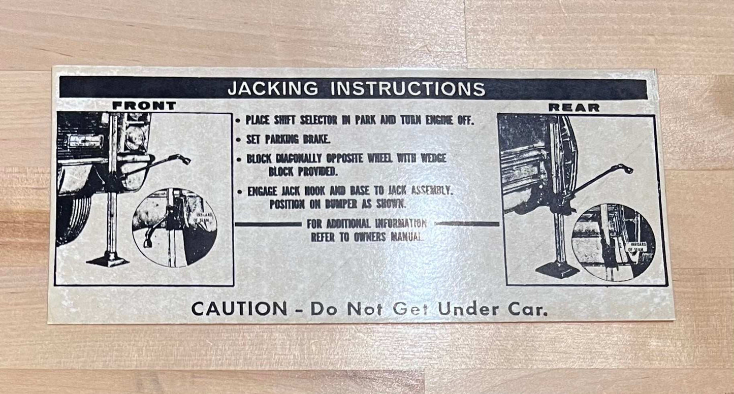 Cadillac 1967 Jack Instructions Decal Restoration Card EX Condition N.O.S.