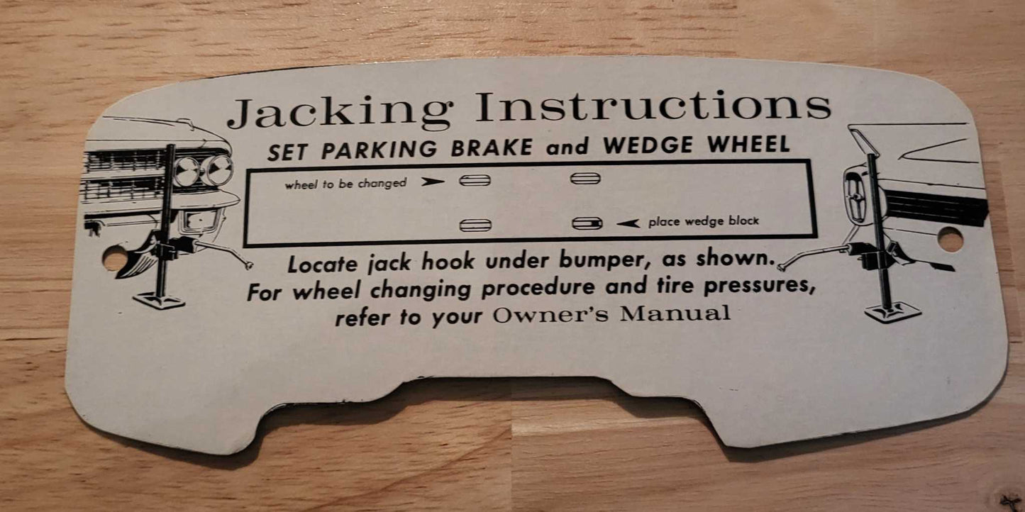 Cadillac 1962 Jack Instructions Decal Restoration Card Excellent Condition N.O.S. Rare Relic has been safely stored away for decades and measures approximately a 3.25 inches