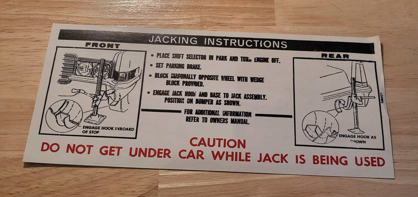 Cadillac 1969 Jack Instructions Decal Restoration Card Excellent Condition N.O.S. Rare Relic has been safely stored away for decades and measures approximately a 4