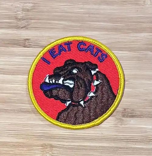 I Eat Cats Bulldog Vintage Patch Dog Animals Canine Excellent Stitching NOS Item measures approximately 3 inches circle detailed stitching