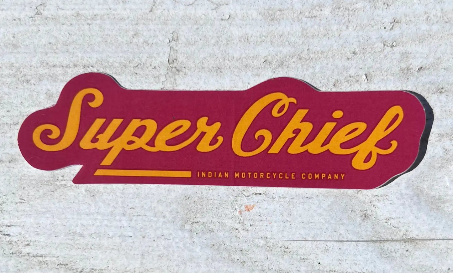 Indian Motorcycle Company Super Chief Script Decal Traditional Color NOS Relic has been stored safely away and measures approximately 2.5 x 3.25 inch shield