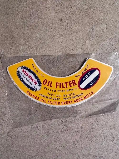 Mopar 1937-54 Oil Filter Lid Change Decal Officially Licensed Restoration NOS Relic has been stored away safely for decades and measures approximately 1 in x 3.75 in