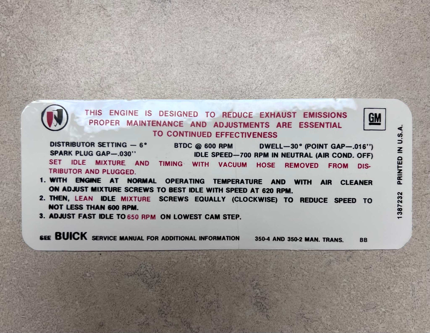 Buick 1968 350 2V 350 4V Manual Transmission Emission Decal GS 350s Restoration Condition Relic has been stored away for decades and measures approximately 2.25 inch