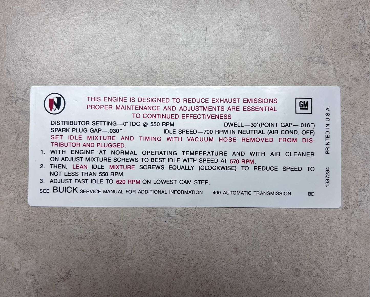 Buick 1968 400 Automatic Transmission Emission Decal GS 400 Restoration Condition Relic has been stored away for decades and measures approximately 2.25 inches x 5.5 inches