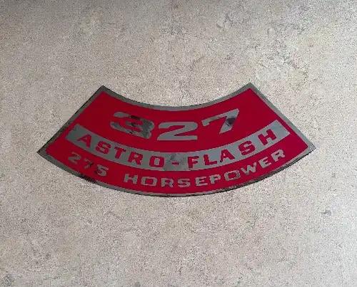 Pontiac 1967 Canadian 327 Astro Flash 275 Horsepower Air Cleaner Decal Relic stored safely away for decades and measures approx 2 in x 5.75 inches Red and Silver