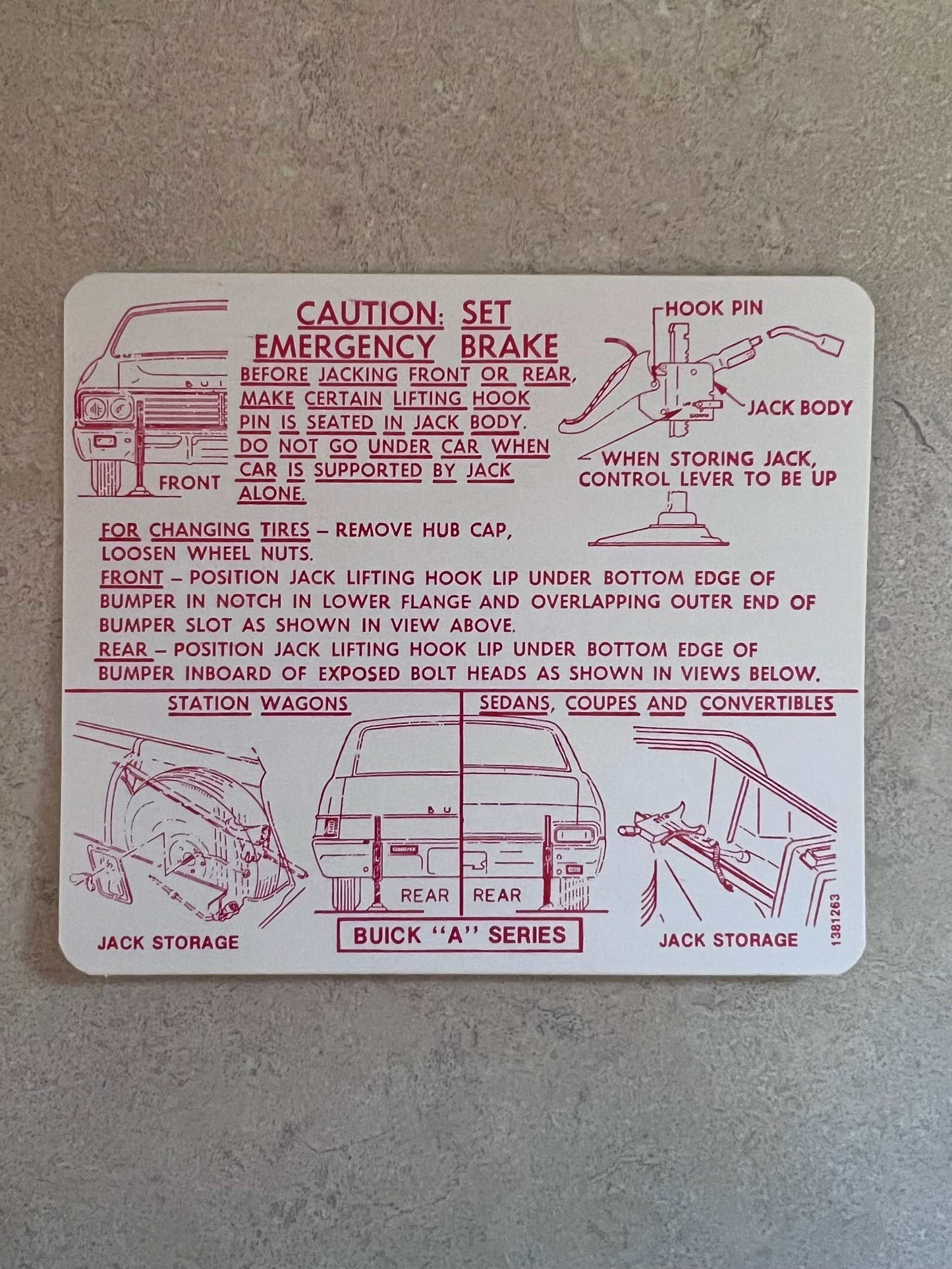 Buick 1967 Specialty Skylark GS Jack Instructions Decal Restoration EXC Relic has been safely stored away for decades and measures approximately 4.25 inch x 4.75 in