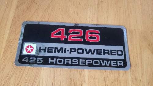 426 Hemi Powered 425 Horsepower Valve Air Cleaner Decal relic has been stored away safely for decades and measures approximately 2 inches x 4.5 inches for your classic