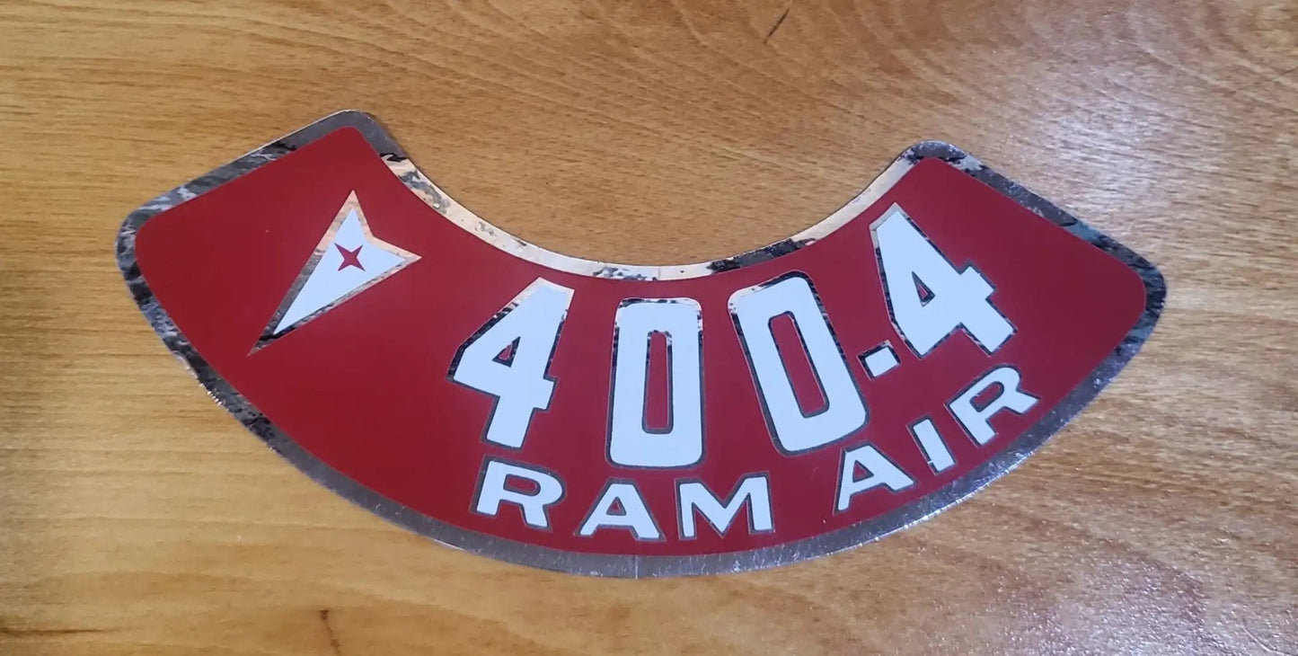 Pontiac 400 4V Ram Air Cleaner Red and Silver Metallic Decal EXC Restoration. Relic has been stored safely away for decades and measures approx 2.5 in wide x 8.75 in