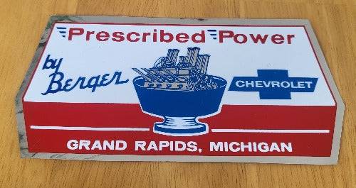 Prescribed Power by Berger CHEVROLET Decal 67-69 Camaro Grand Rapids Michigan This has been stored for decades and measures approx 3 in wide and the length is 7 in