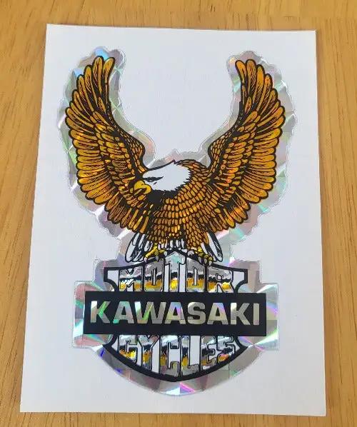 Kawasaki Eagle Wings DECAL 1970s Iridescent Logo Motorcycle WOW RETRO Turning back the clock big time with this adhesive decal. relic measures approx 3.5 in X 2.25