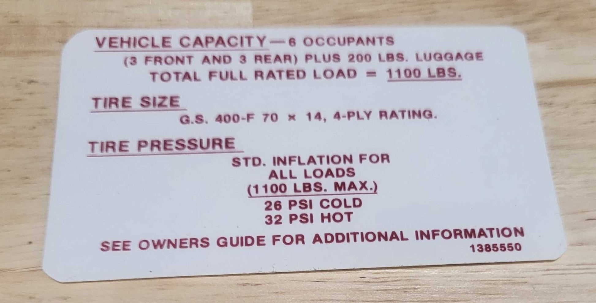 Buick 1968 GS 400 Tire Pressure Decal New Old Stock Excellent Condition Relic has been safely stored away for decades and measures approximately 3.75 inch x 2.25 inches