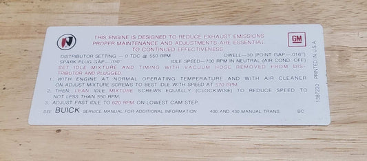 Buick 1968 GS 400 430 Manual Transmission Emission Decal N.O.S. EXC Relic has been safely stored away for decades and measures approximately 1.75 inch x 5 inches