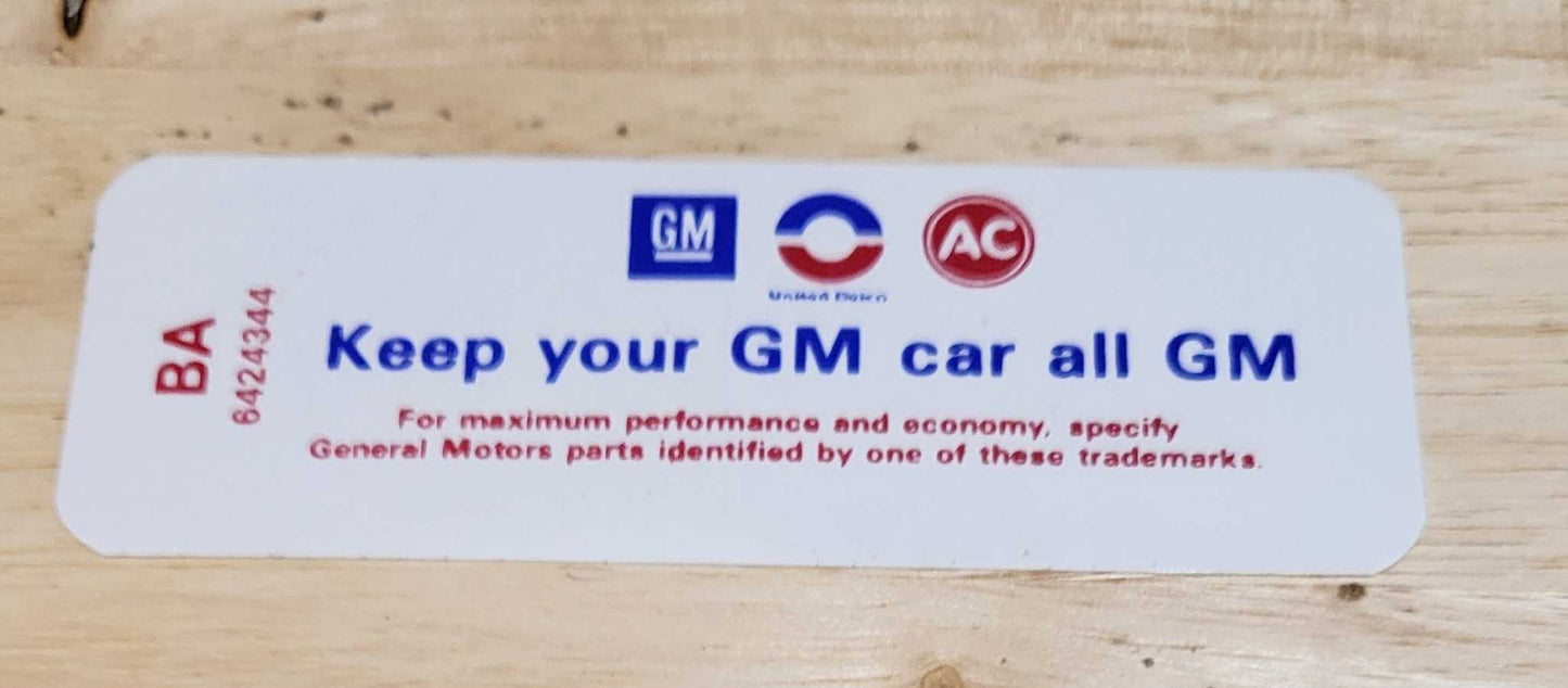 Buick GM 1968 GS 350 400 4V Decal Keep Your GM Car All GM N.O.S. EXC Relic has been safely stored away for decades and measures approximately 1.75 inch x 5 inches