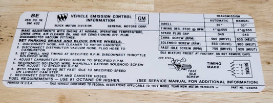 Buick 1972 Riviera GS 455 4V Automatic Manual Trans EMISSION DECAL Relic has been safely stored away for decades and measures approximately 2.5 inch x 6.5 inches