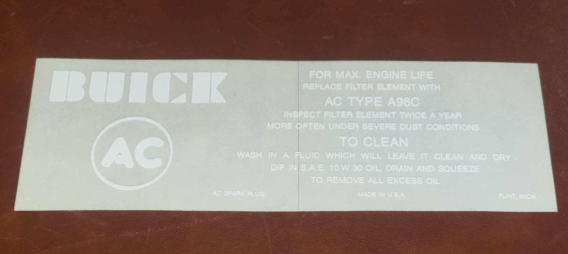 Buick Skylark 1964 300 310 Air Cleaner Service Decal N.O.S. EXC Condition Relic has been safely stored away for decades and measures approximately 2 inch x 6 inch