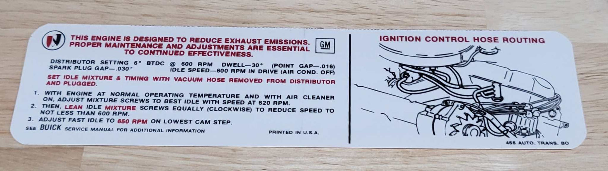 Buick GM 1970 455 4V Automatic Transmission Emission Decal GS Stage 1 Relic has been safely stored away for decades and measures approximately 1.75 inch x 5 inches BO