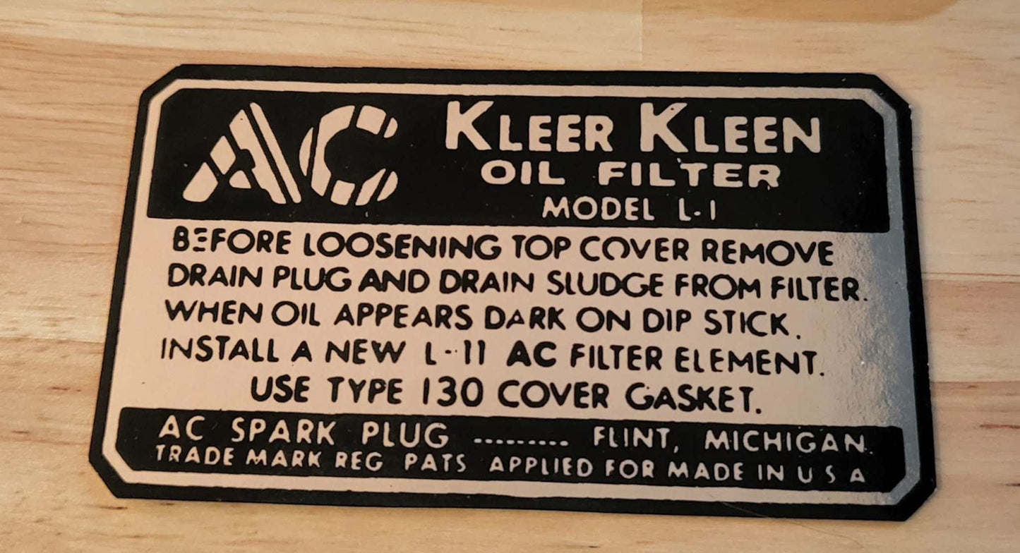 Buick 1937-42 Oil Filter AC L1 Kleer Kleen Decal New Old Stock Restoration Relic has been safely stored away for decades and measures approximately 2 inch x 3.5 inch