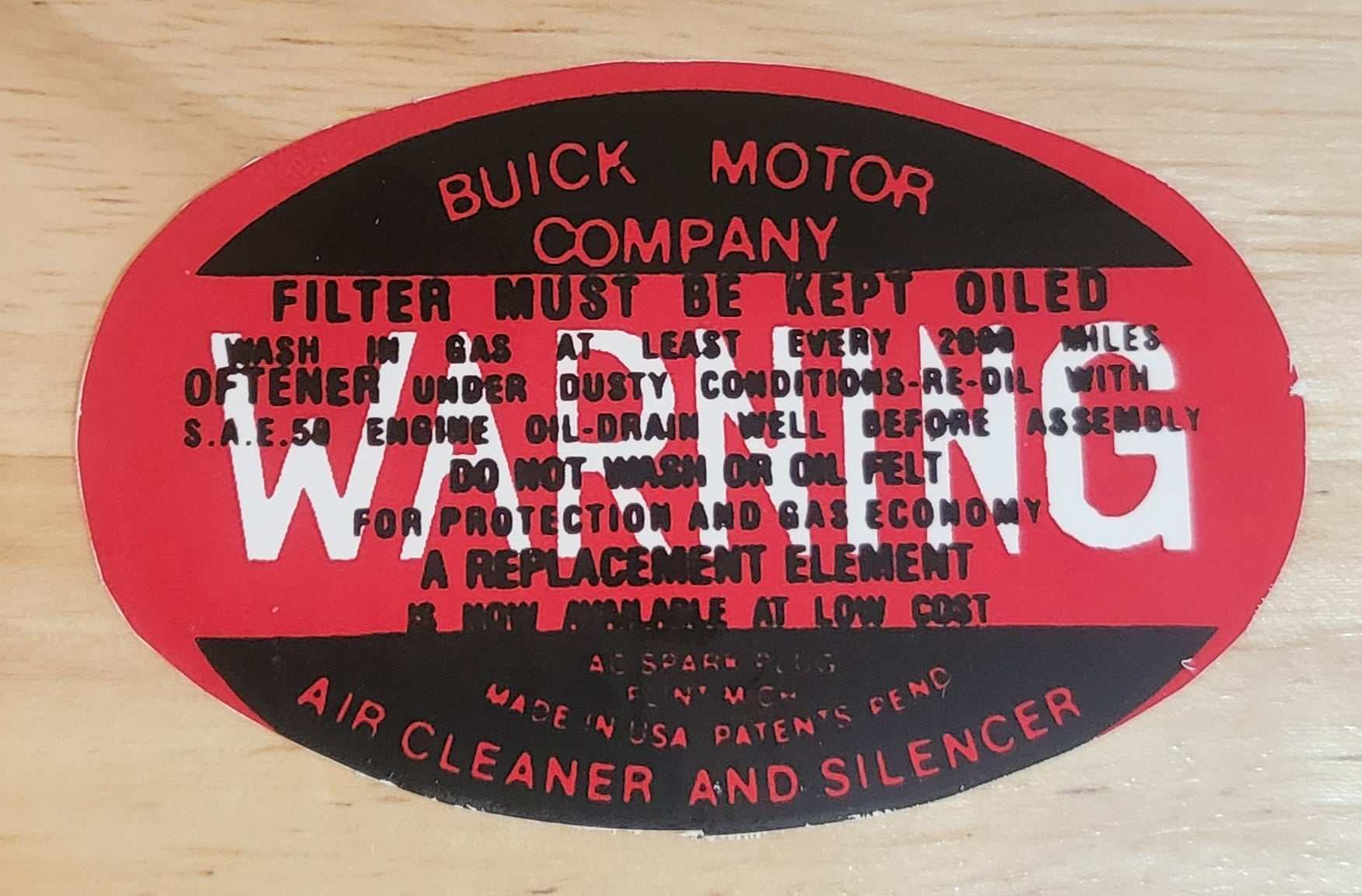 Buick 1936-40 Dry Style Air Cleaner Warning Decal New Old Stock Restoration Relic has been safely stored away for decades and measures approximately 2 inch x 2.75 in