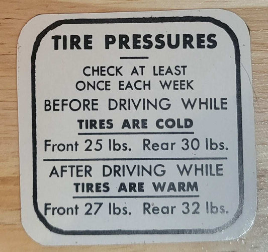 Buick 1939-47 Tire Pressure Decal New Old Stock Restoration Condition EXC Relic has been safely stored away for decades and measures approximately 1.75 inch x 2.25 in