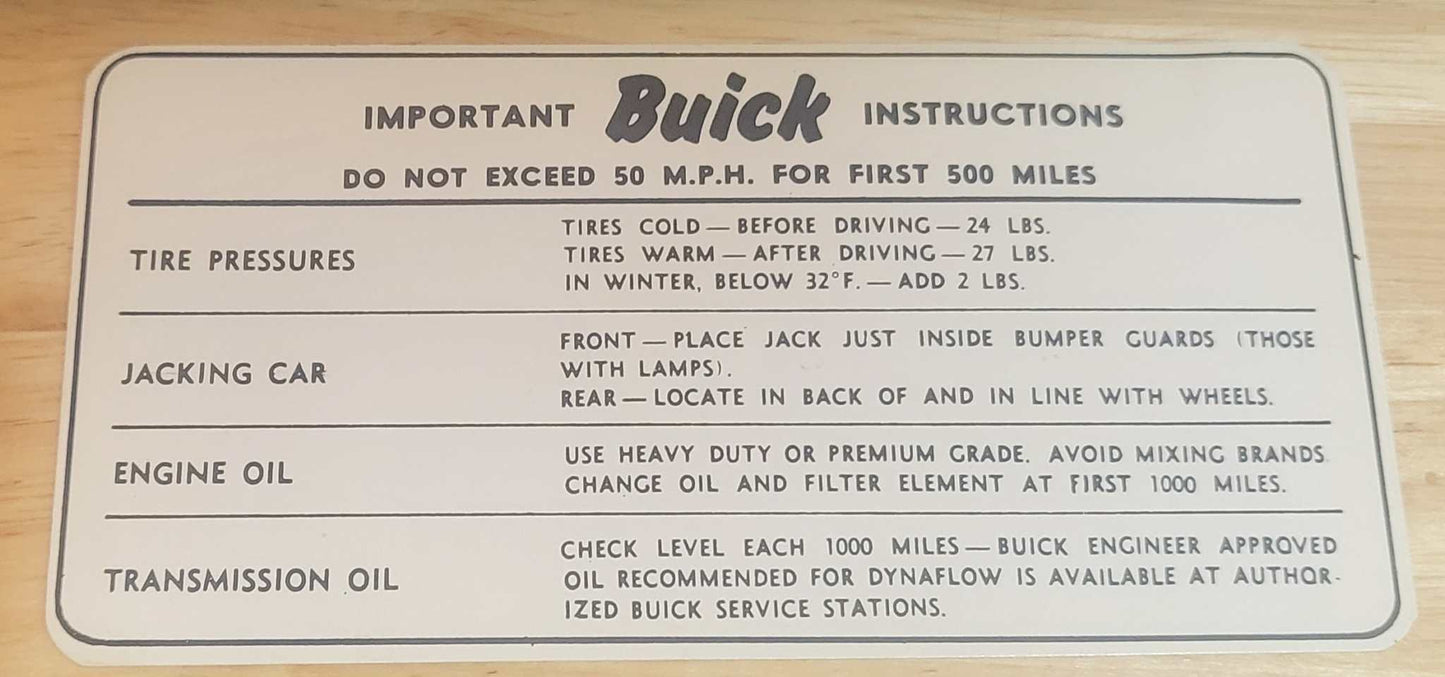 Buick 1951-52 Tire Pressure Instruction Decal New Old Stock Restoration Relic has been safely stored away for decades and measures approximately 3 inch x 6 inches