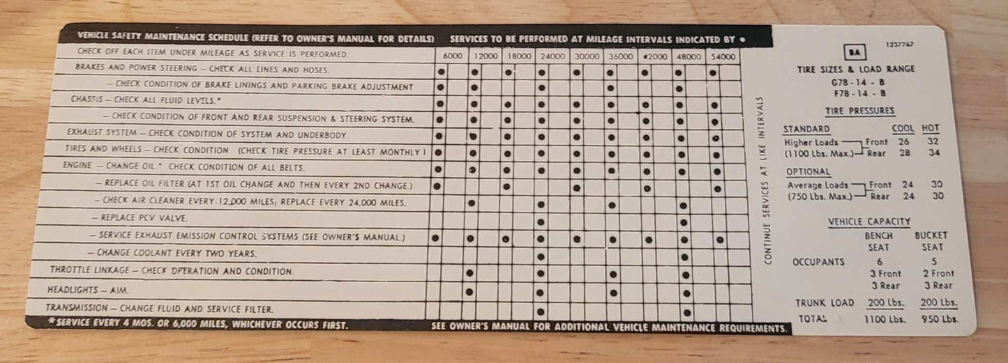 Buick 1971 GS Skylark Spec Maintenance Tire Pressure Decal Restoration Relic has been safely stored away for decades and measures approximately 3 inch x 8.75 inches