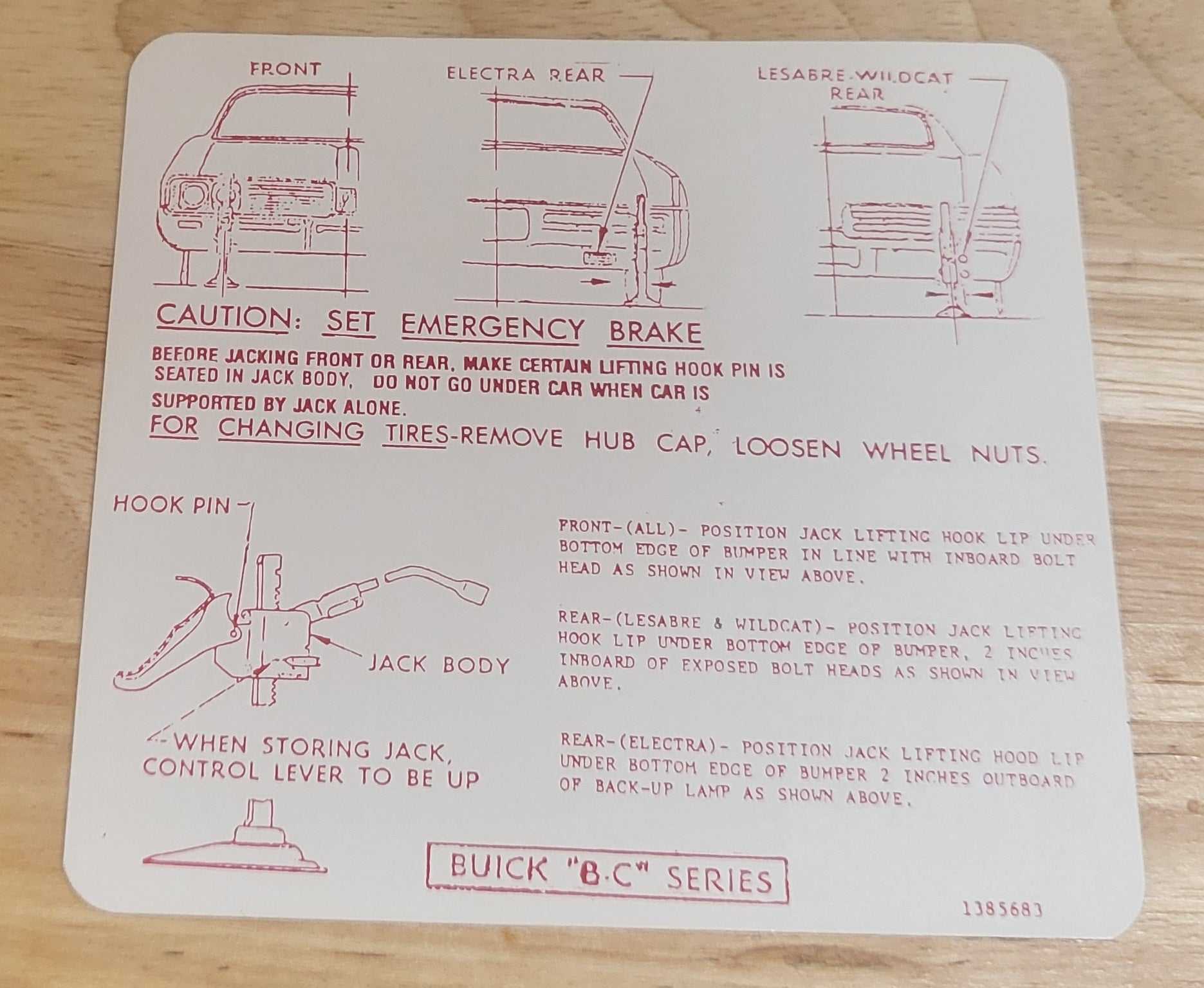 Buick 1968 Electra LeSabre Wildcat Jack Instructions Decal Restoration Relic has been safely stored away for decades and measures approximately 4 inch x 4.75 inches