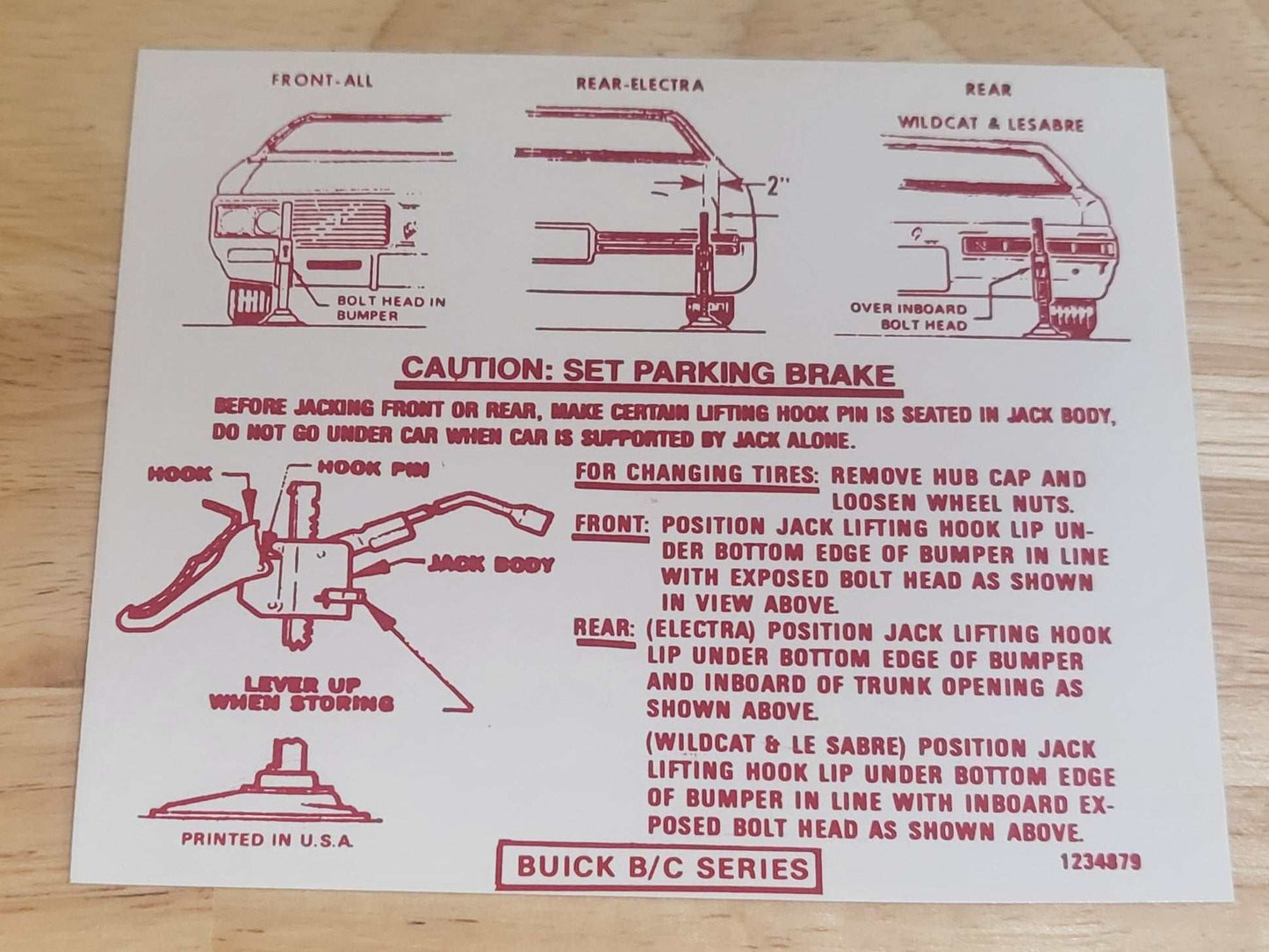 Buick 1970 Electra LeSabre Wildcat Jack Instructions Decal B C Series NOS