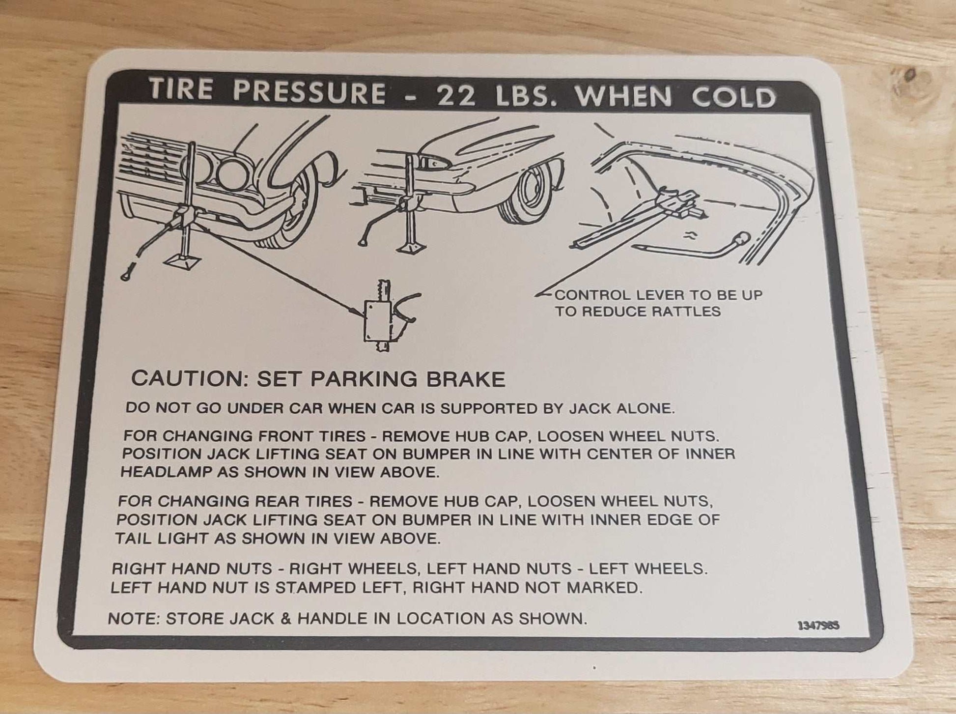 Buick 1961 Special Jack Instruction and Tire Pressure Decal Restoration Relic has been safely stored away for decades and measures approximately 5 inch x 6 inches