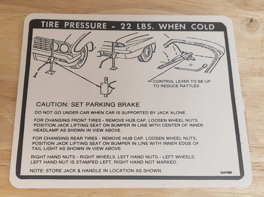 Buick 1961 Special Jack Instruction and Tire Pressure Decal Restoration Relic has been safely stored away for decades and measures approximately 5 inch x 6 inches