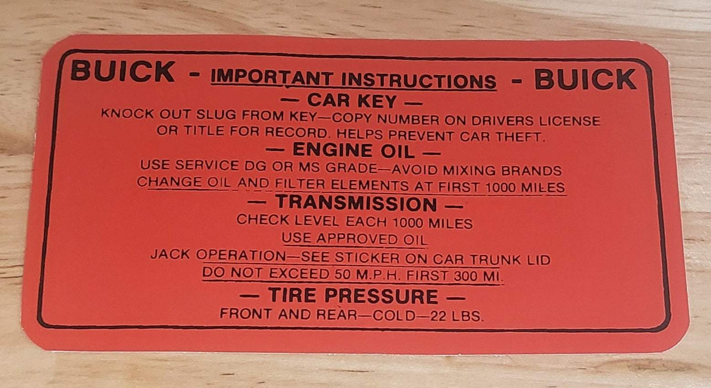 Buick 1961-62 Special Tire and Oil Pressure Decal EXC Restoration NOS Relic has been safely stored away for decades and measures approximately 2.25 inch x 4.5 inches