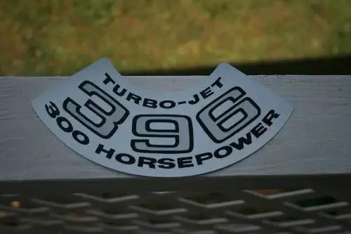 TURBO JET 396 300 HORSEPOWER Decal AIR CLEANER CHEVROLET CAMARO MINT JIM OSBORN REPRODUCTIONS DC0105 Item measures approximately 8 x 3 inches. TURBO JET 396 300 HP