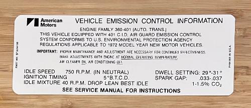 American Motors 1972 401 Automatic Transmission Emission DECAL