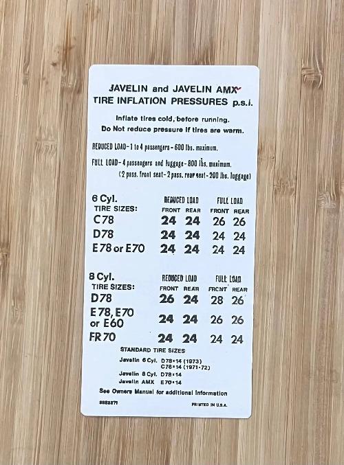 American Motors 1973-74 AMX Javelin Tire Pressure Decal