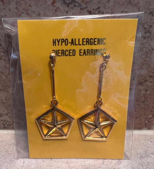 Chrysler Plymouth Dodge Pentastar Gold Color Earrings Pair Post Hypo Allergenic Accessories EXC Relic has been store safely away for decades and will be a great comp