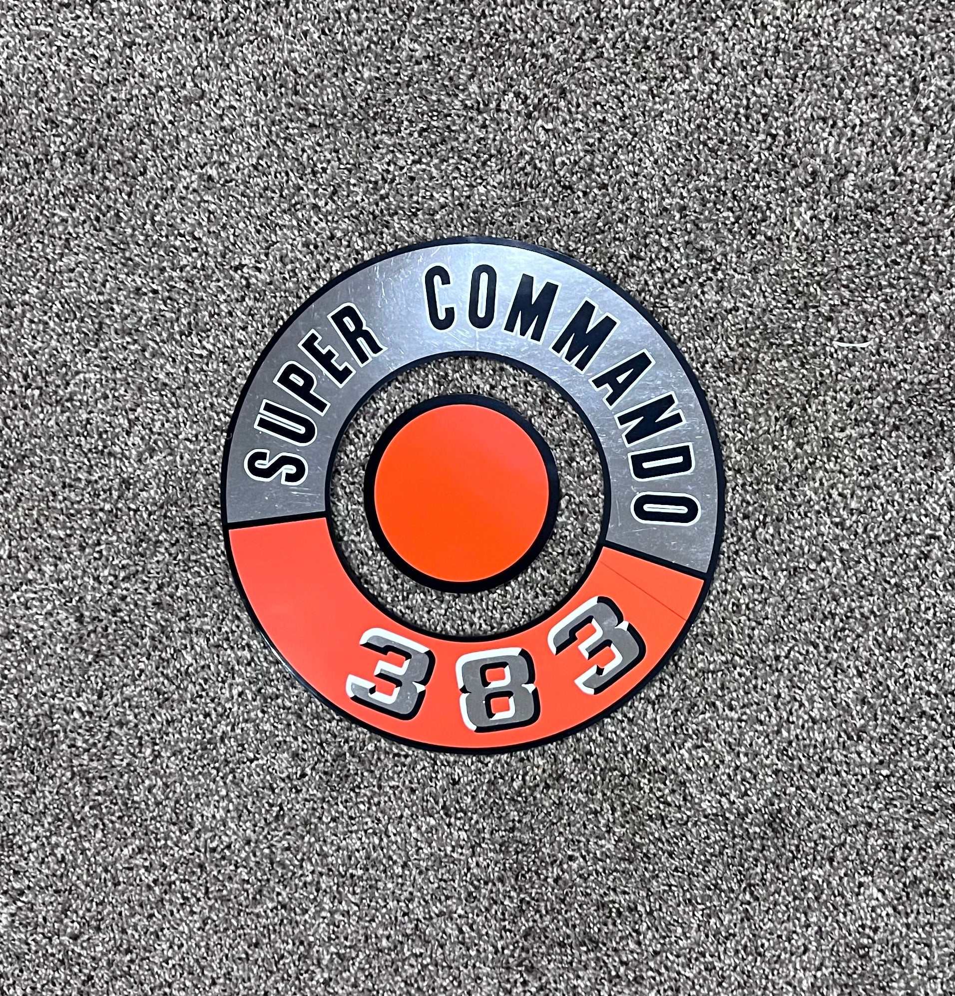 383 Super Commando DECAL Silver Orange Metallic Top LID Air Cleaner Mopar Plymouth Decal This relic has been stored for decades and measures 2.5 inches in width by 1