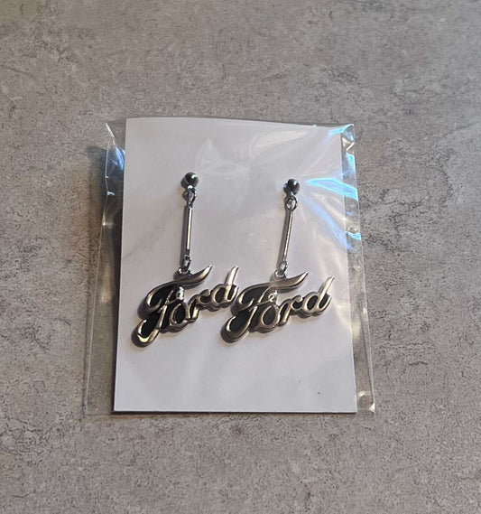 Ford Silver Color Earrings Script Pair Post Hypo Allergenic Accessories EXC Relic has been store safely away for decades and will be a great compliment to your class
