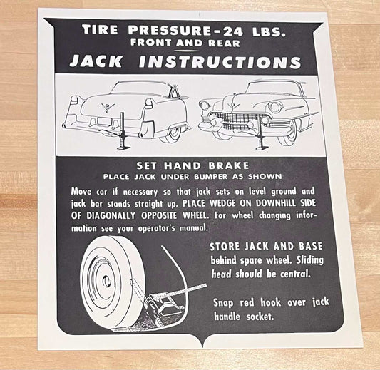 Cadillac 1954 Jack Instructions Decal Restoration Card EX Condition N.O.S.