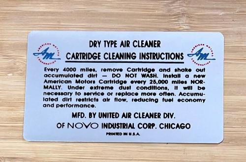 American Motors 1960-67 Dry Air Cleaner Service Decal NOVO