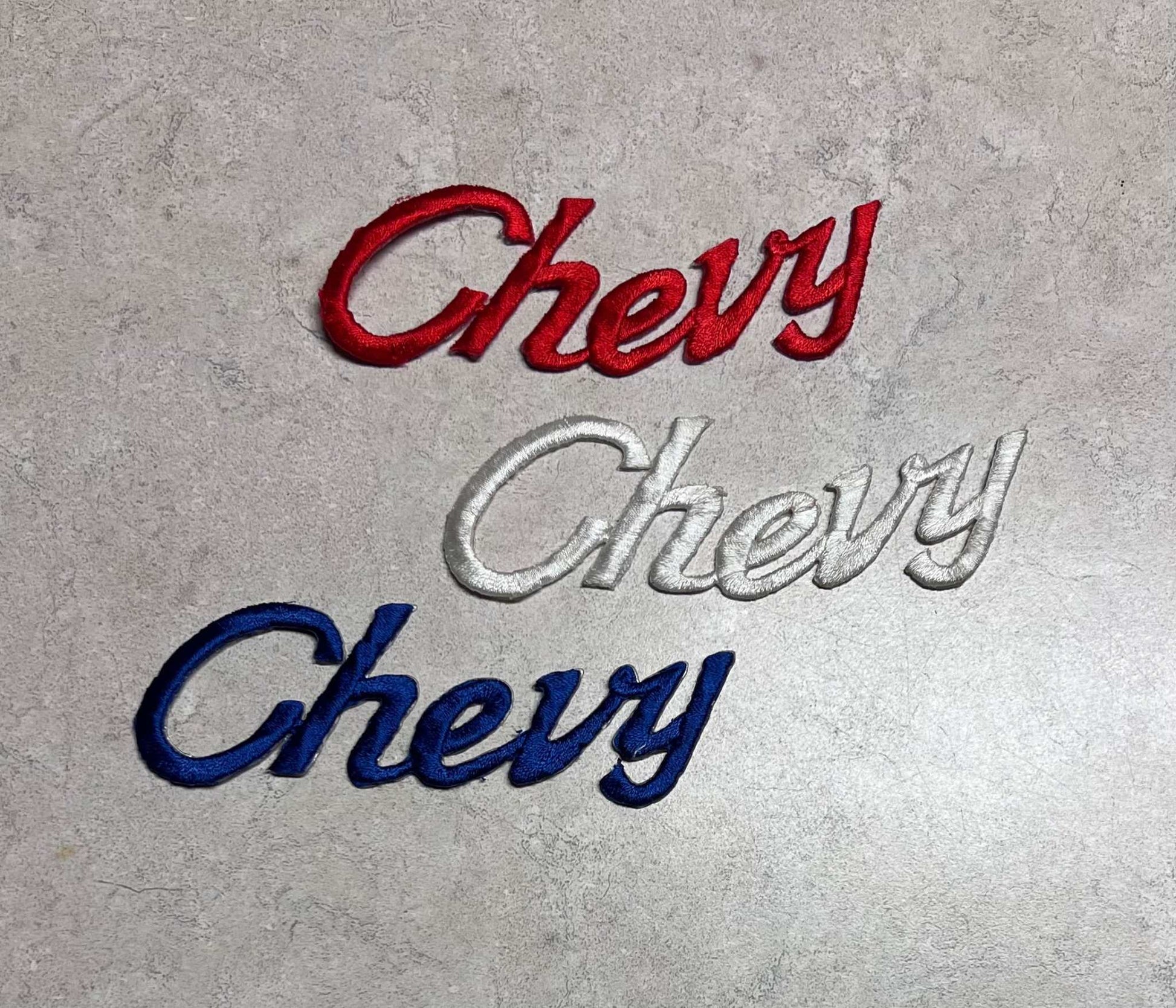 Chevy 3 Red White and Blue Script Patches Auto NOS Excellent Condition Relic has been safely stored away for decades and measures approximately 1.5 x 4.5 inches