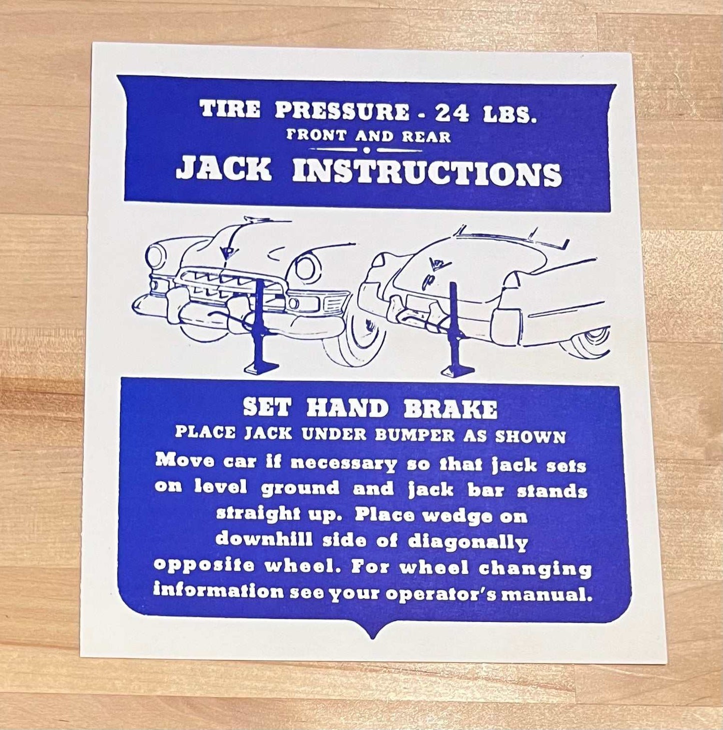 Cadillac 1949 Jack Instructions Decal Restoration Card EX Condition N.O.S.