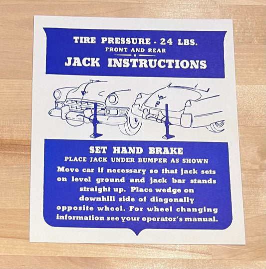Cadillac 1949 Jack Instructions Decal Restoration Card EX Condition N.O.S.