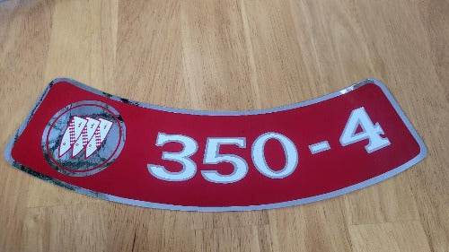 Buick 350 4V Decal Red Metallic Air Cleaner 1968-1974 Auto Parts NOS. This relic has been stored for decades and measures 3 inches in width by 11 inches in length.