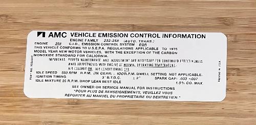 American Motors 1975 258 Automatic Transmission Emission Decal