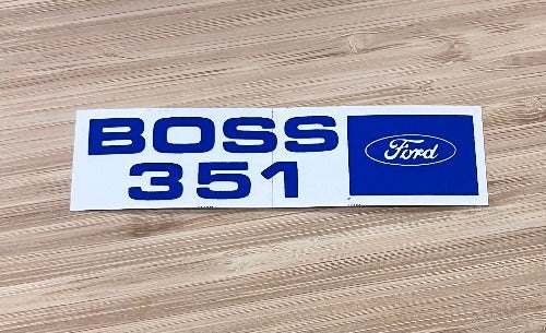 FORD Boss 351 Decal is an adhesive decal measuring 1.25 inch by 4.5 inch approximately. Other Ford, Boss, Shelby, Mustang, part relics to come as we open more boxes