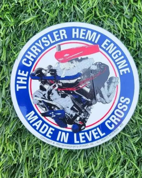 THE CHRYSLER HEMI ENGINE MADE IN LEVEL CROSS PARTS DECAL MINT NOS Measuring 4 inches circle, adhesive backing, mint NOS decal
THE CHRYSLER HEMI ENGINE MADE IN LEVEL CROSS Automotive PG Relics