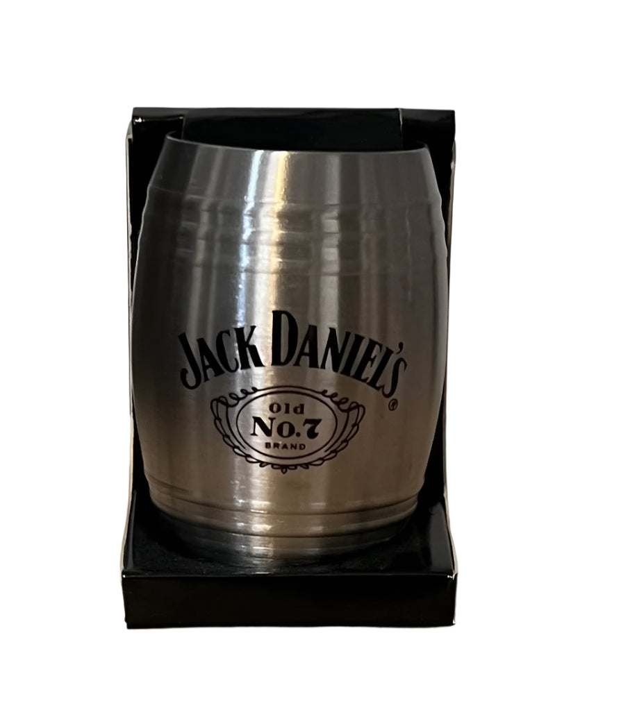 Jack Daniels Old No7 Shot Glass and Tennessee Fire Metal Mug New Old Stock Item Relic has been safely stored away for decades and must have for dual JD drinkers