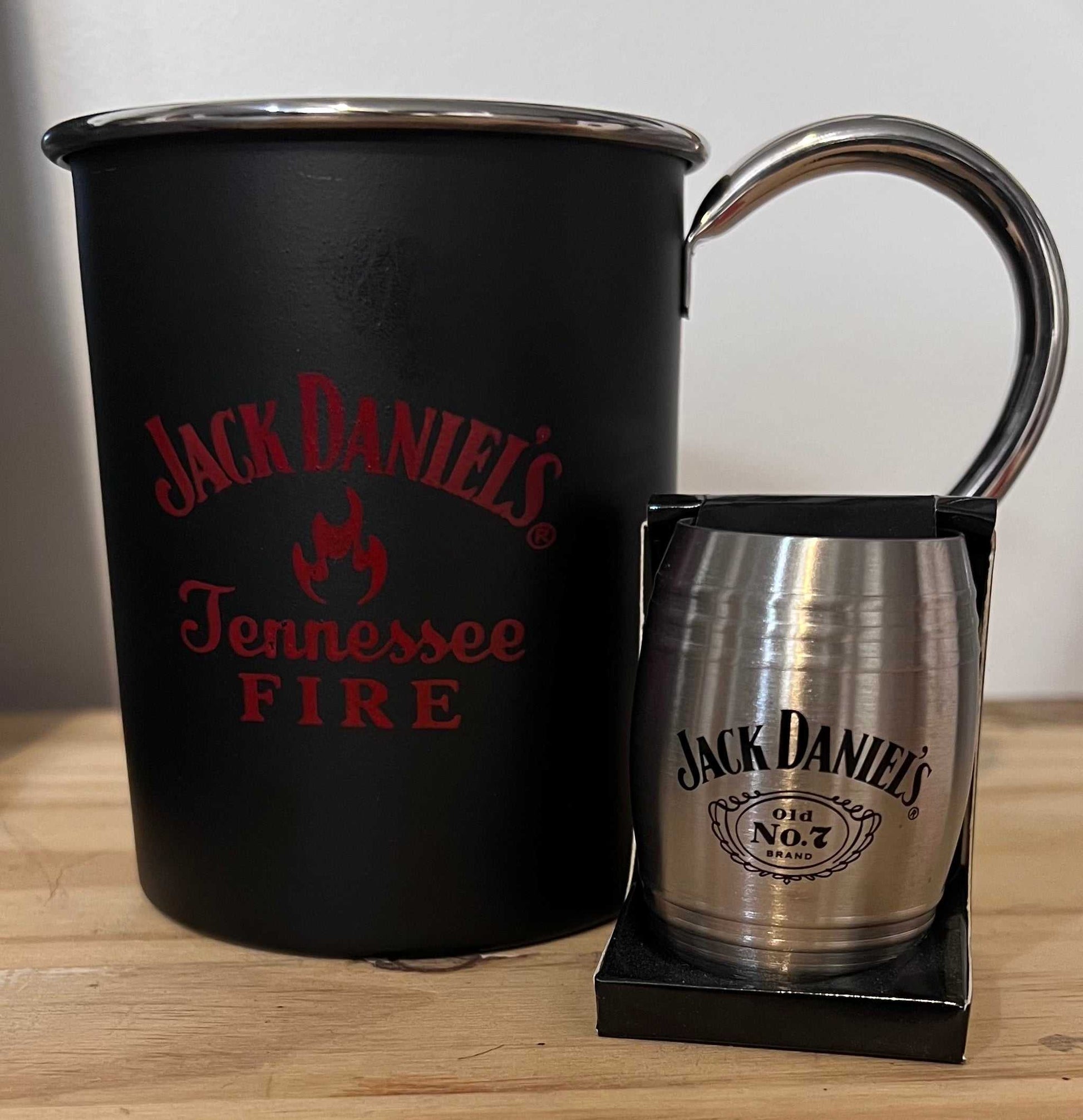 Jack Daniels Old No7 Shot Glass and Tennessee Fire Metal Mug New Old Stock Item Relic has been safely stored away for decades and must have for dual JD drinkers