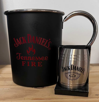 Jack Daniels Old No7 Shot Glass and Tennessee Fire Metal Mug New Old Stock Item Relic has been safely stored away for decades and must have for dual JD drinkers
