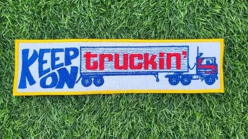 KEEP ON TRUCKIN PATCH Vintage WEB STITCHED JACKET SEMI TRACTOR TRAILER For the long hauler, KEEP ON TRUCKIN patch is here.  Measuring approximately 2.75 in x 10.5 in