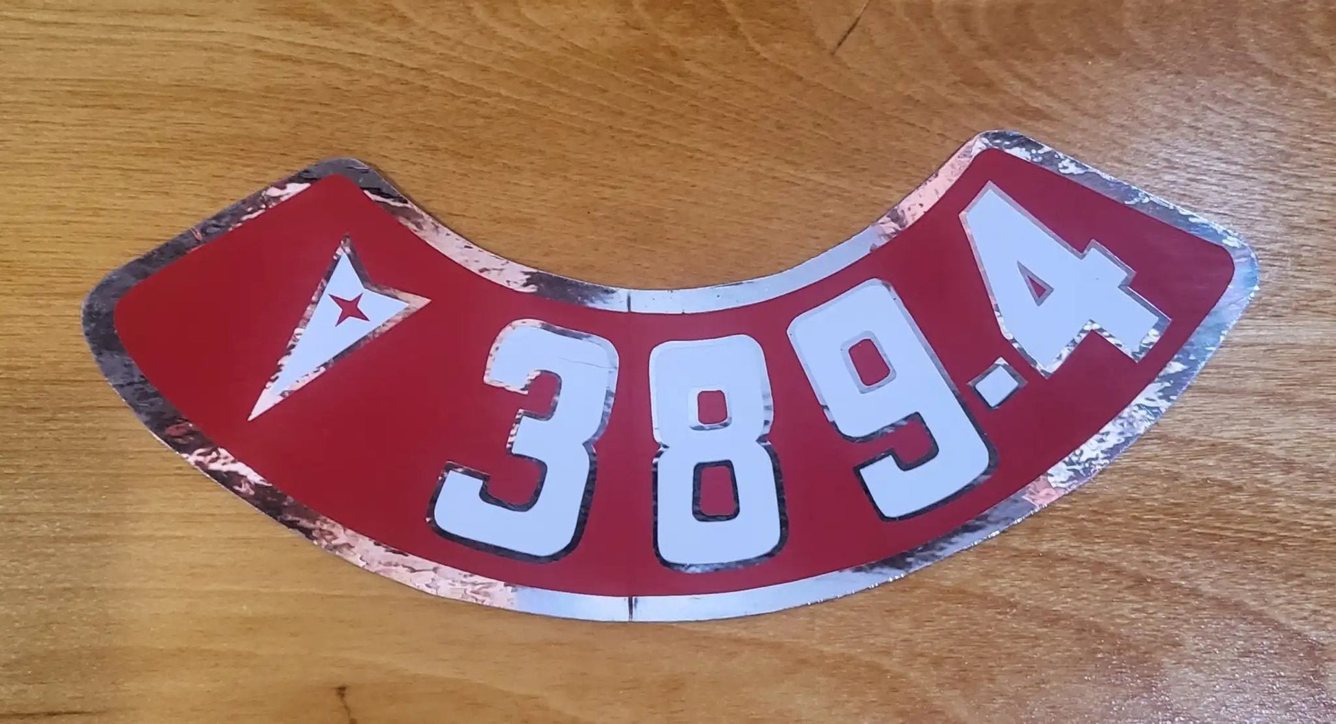 Pontiac 389 4V Air Cleaner Red and Silver Metallic Decal EXC Restoration. Relic has been stored safely away for decades and measures approx 2.5 in wide x 8.75 in len
